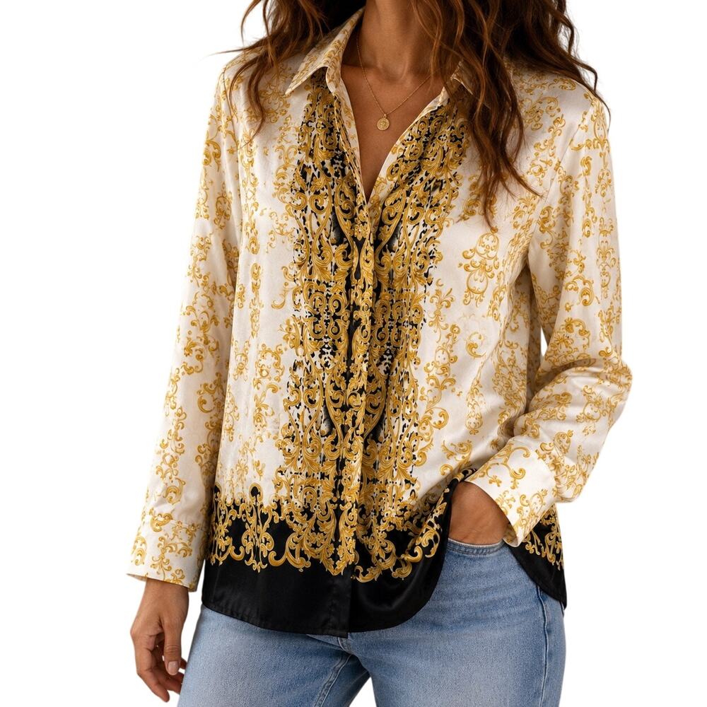 Chicos Sz Medium 1 White/Gold Formal Elegant Dinner Blouse Shirt Top Christmas